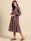 Midi Layered dress with balloon sleeve in Multi color ikkat Print