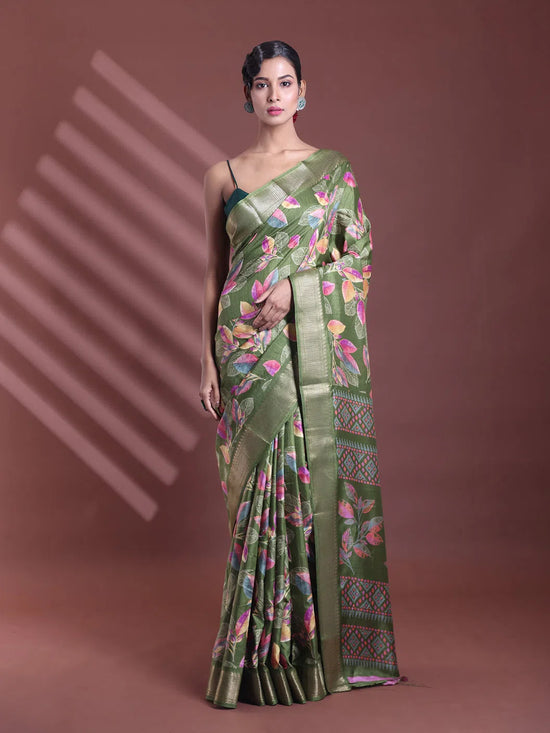 Green Foliage Print Silk Soft Saree With Zari Border-MA60BSL01460026