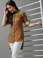 Women's Green Striped Longline Shirt-AE-10420-Olive