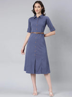 Women Blue Solid Shirt Dress-DF-4774-Blue