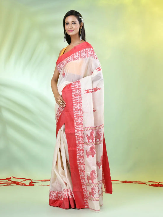 Off White Tussar Silk Saree With Woven Horse Designs-MA66TUS432810045