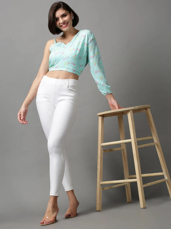 Women's Green Printed Crop Top-AE-10405-Seagreen