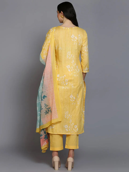 Ahika Women Yellow Cotton Blend Printed Straight Kurta Pant Set