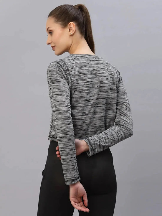 Rigo Grey Self Texture Round Neck Full Sleeve Activewear Crop Top