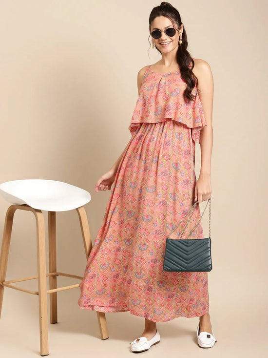 Printed Maxi with Flare yoke in Peach