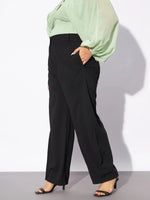 Women Black Hem Button Detail Straight Pants