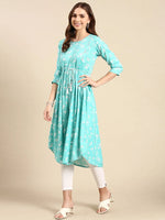 Women's Turquoise Blue Printed Anarkali Kurta-KG-555-Turquoiseblue