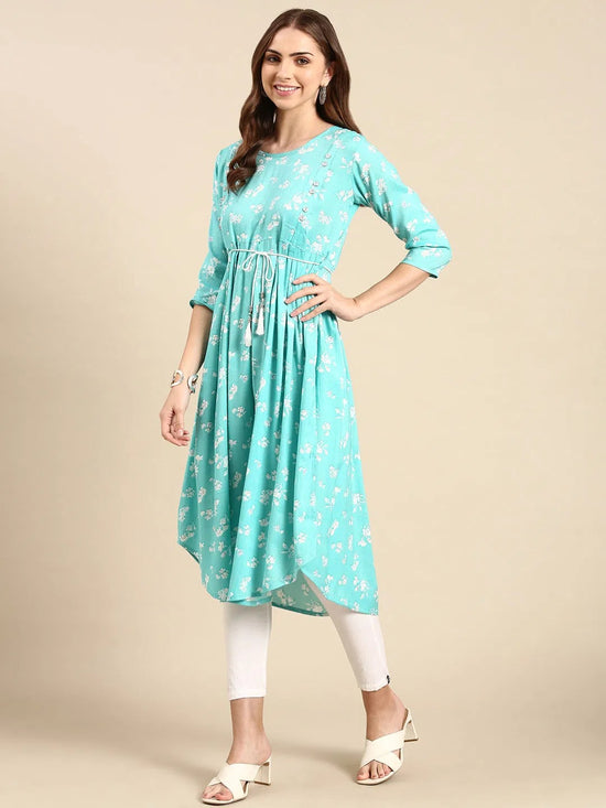 Women's Turquoise Blue Printed Anarkali Kurta-KG-555-Turquoiseblue