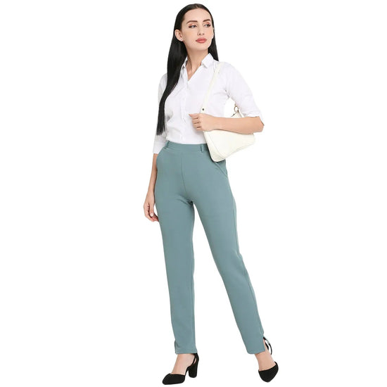 Smarty Pants Women's Cotton Lycra Straight Leg Olive Color Formal Trouser