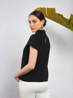 Women Black Neck Tie Detail Top