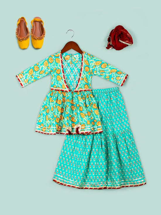 Girls Floral Printed Empire Gotta Patti Pure Cotton Kurta & Sharara with Dupatta Set-NN00050ETH-12