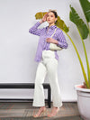 Women Purple & White Satin Striped Shirt