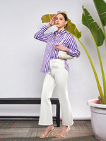 Women Purple & White Satin Striped Shirt