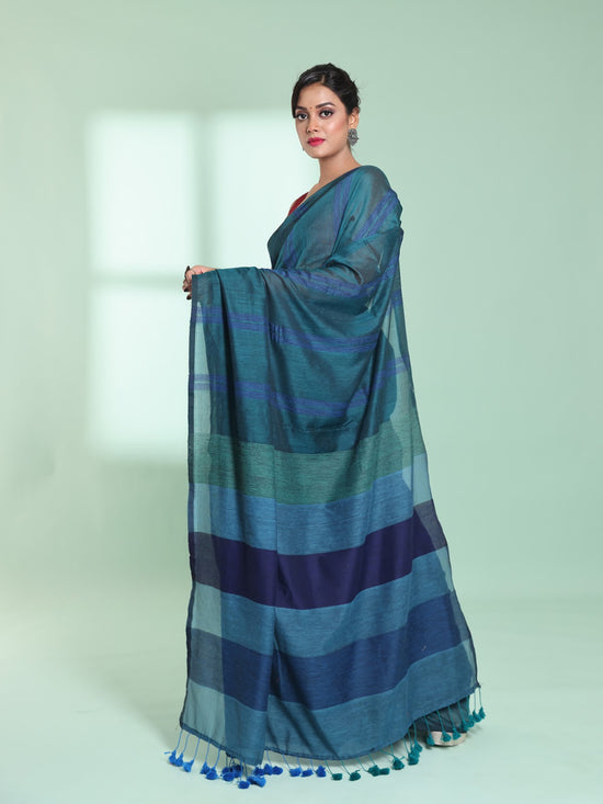 Teal Cotton Saree With Stripes Design-MA59CT06530006