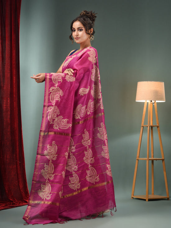 Violet Blended Silk Handwoven Saree With Paisley Border-MA50BSL34710005