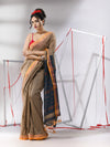 Ecru Cotton Saree With Stripes Zari Pallu-MA55CT06520097