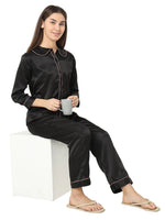 Smarty Pants Women's Silk Satin Black Color Night Suit