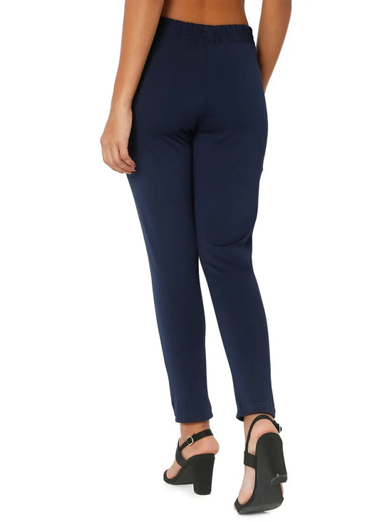 Smarty Pants Women's Cotton Lycra Ankle Length Navy Blue Color Trouser