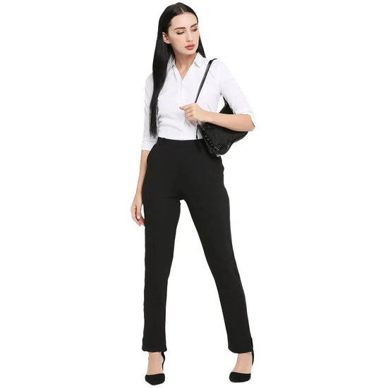 Smarty Pants Women's Cotton Lycra Straight Leg Black Color Formal Trouser