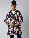 Women Floral Longline Black Trench Coat-246-Black