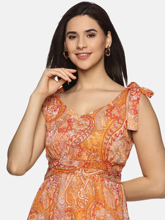 Floral Orange Tie-up Detailed Maxi Dress-17350