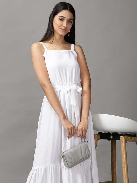 Women's White Solid Fit and Flare Dress-AE-15664-White