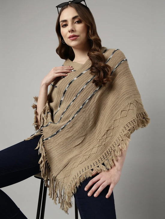 Women Striped Khaki Longline Poncho-CHN-9679-Khaki