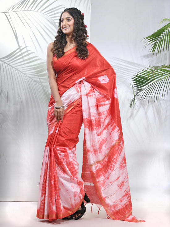 Red And White Shibori Printed Silk Saree-MA56BSL34610003