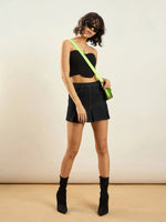 Women Black Denim Pleated Mini Skirt