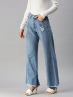 Women's Blue Solid Wide Leg Denim Jeans-GZ-5073A-Blue