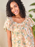 Women Nude Floral Sweetheart Neck Flared Sleeve Top