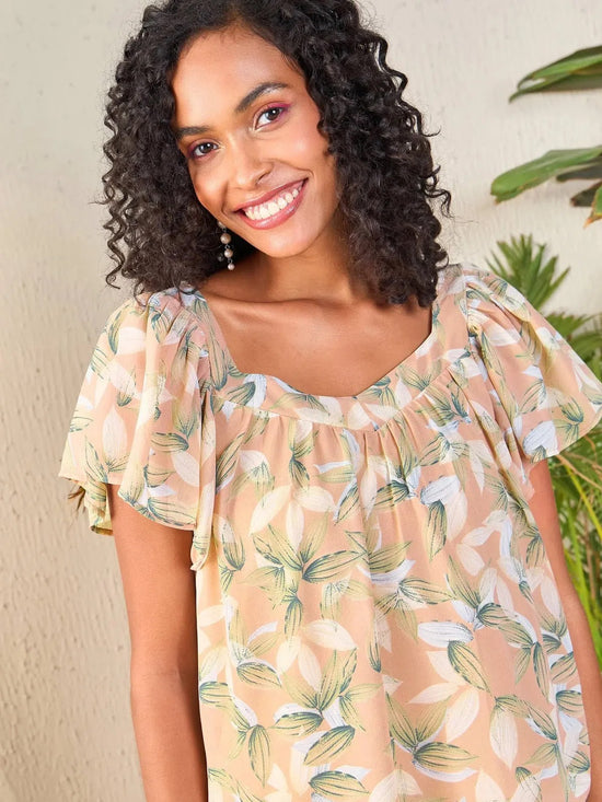 Women Nude Floral Sweetheart Neck Flared Sleeve Top