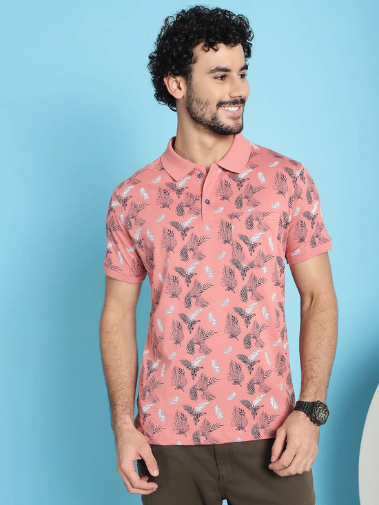 Venitian Men Mercerised Polo Neck All Over Printed Pink T-Shirt With Pocket