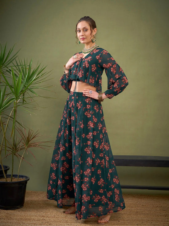 Women Green Floral Anarkali Skirt With Peplum Crop Top