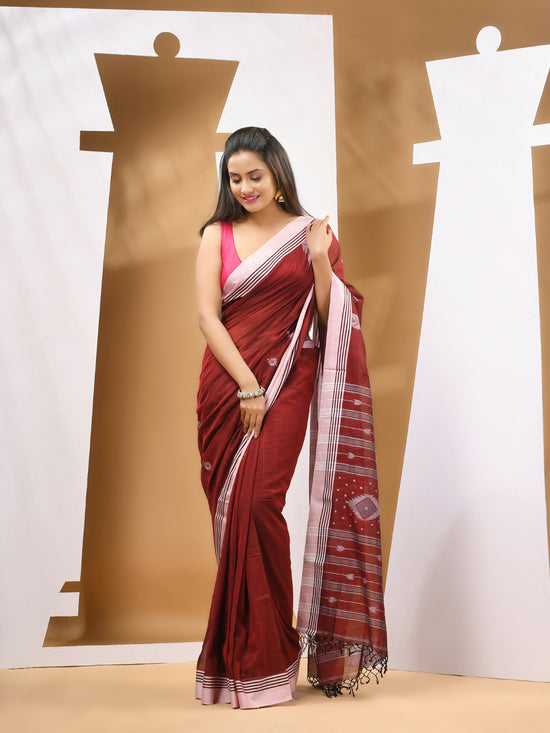 Dark Red Cotton Handwoven Soft Saree With Texture Motifs-MA53CT041490068