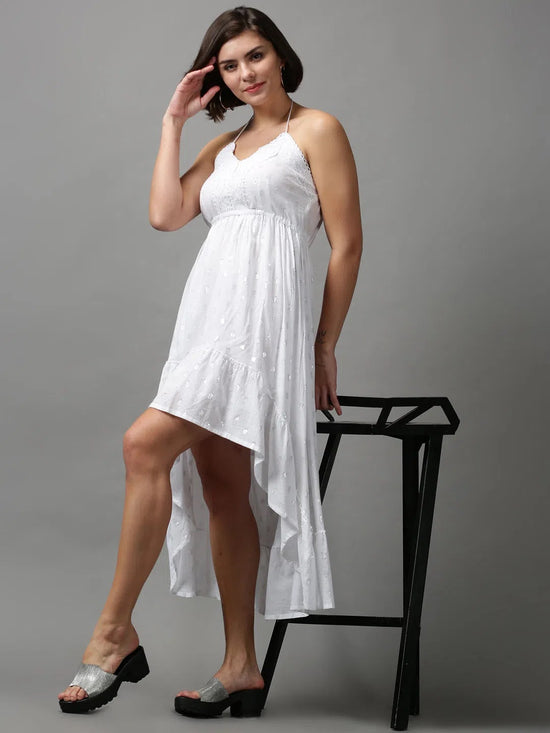 Women's White Solid Fit and Flare Dress-FS-0052-White