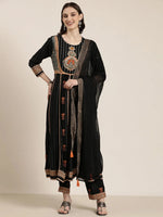 Women Black Striped Kurta Set-GW-2973-Black