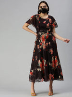 Women's Black Printed Fit and Flare Dress-DW-9621-Blackorange