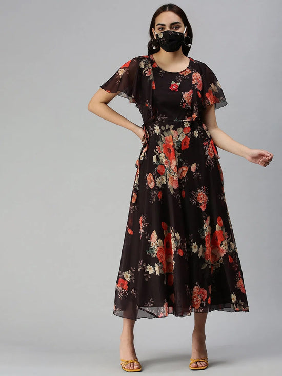 Women's Black Printed Fit and Flare Dress-DW-9621-Blackorange