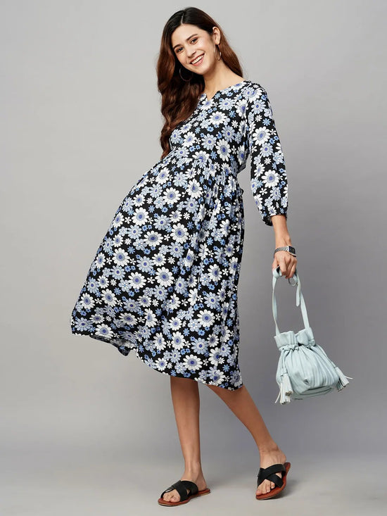 MomToBe Floral Printed Maternity A-Line Midi Sustainable Dress-1188mtbblkflowerd-l