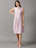 Women's Pink Printed A-Line Dress-AE-15709-Pink