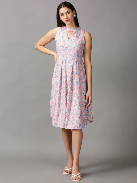 Women's Pink Printed A-Line Dress-AE-15709-Pink