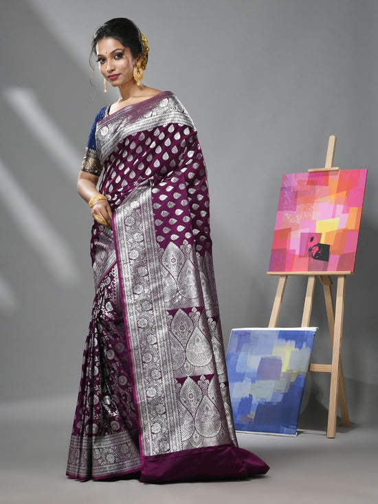 Purple Katan Silk Banarasi Saree With Ethnic Motifs And Zari Woven Designs-MA52KA441380061