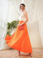 Women Orange Satin Accordion Pleated Maxi Skirt