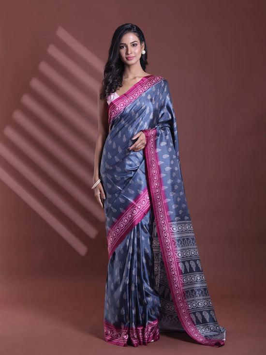 Grey Silk Soft Saree With Paisley Print-MA60BSL01400042