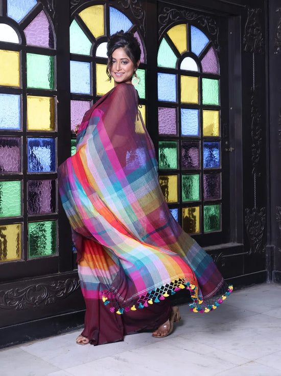 Maroon And Multicolor Colorblocked Mulmul Cotton Saree-MA64MCT33770060