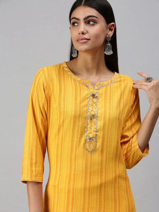 Women's Yellow Striped Straight Kurta-HO386-Yellow