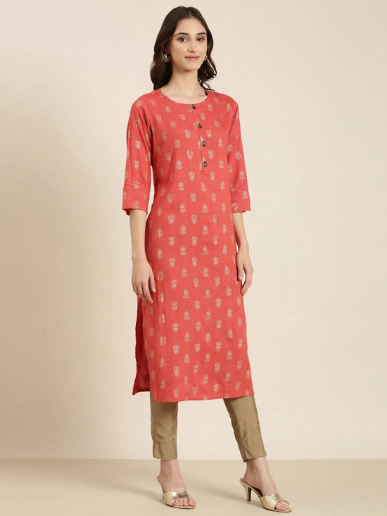 Women Coral Floral Straight Kurta-GW-3877-Coral