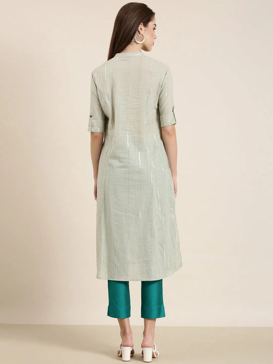 Women Sea Green Striped A-Line Kurta-NJ-1084352-Seagreen