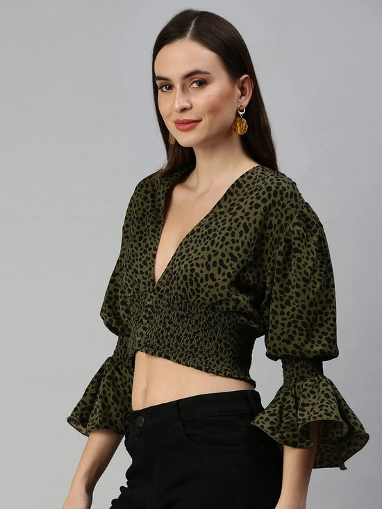 Women's Green Printed Tops-AE-10301-Oliveblack